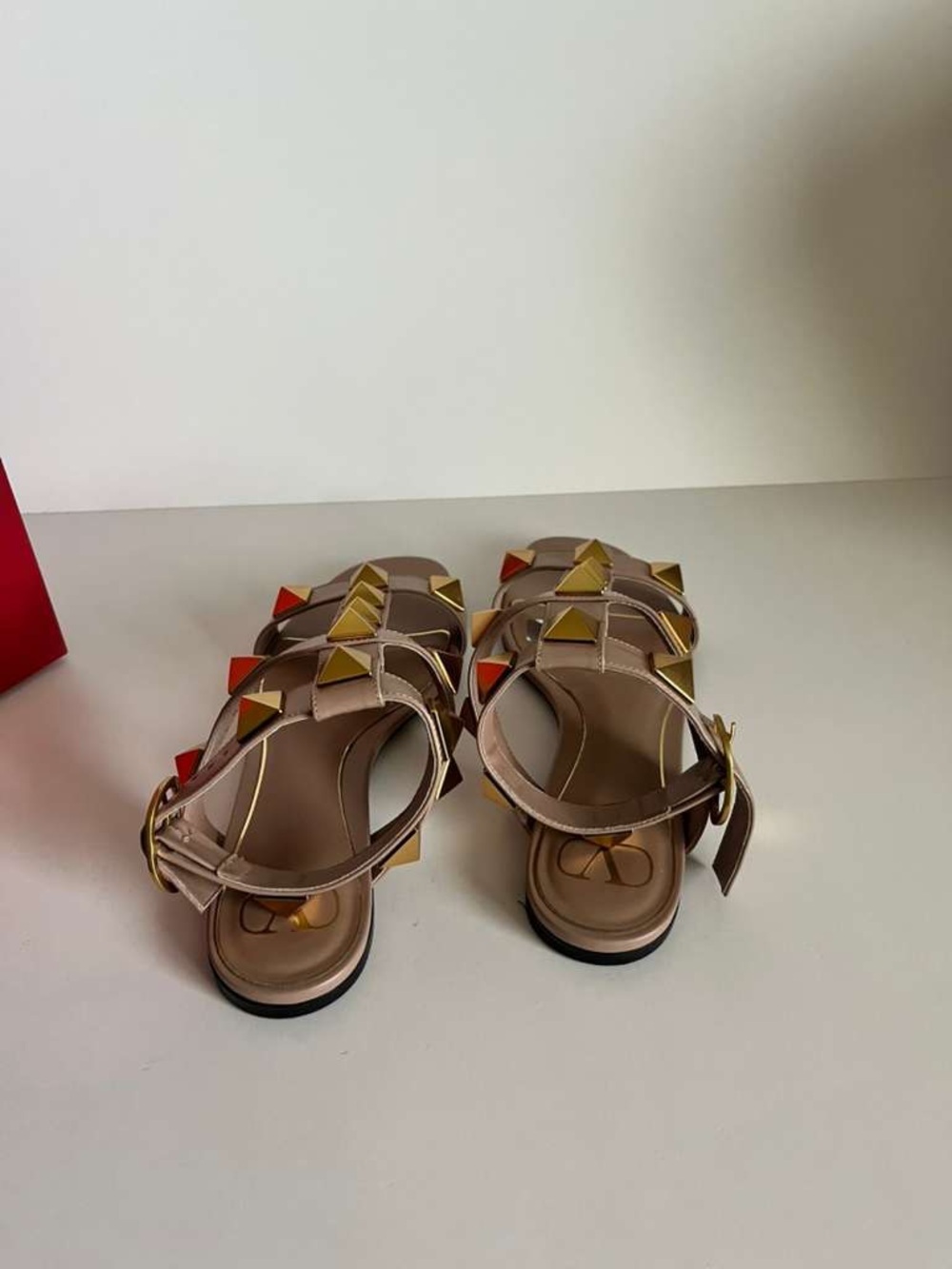 Valentino Garavani Pinkish Nude Rockstud Strap Sandals with Gold Studs - Picture 2 of 5